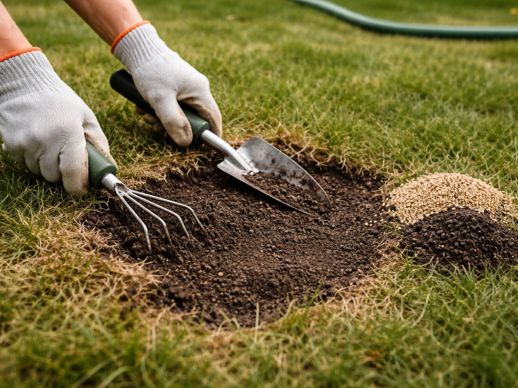 Gloved hands scrape dead grass to expose compacted soil in a bare lawn spot, with grass seed nearby.