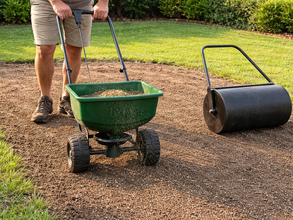 Hands using a broadcast seeder and a small lawn roller to press grass seed into soil.