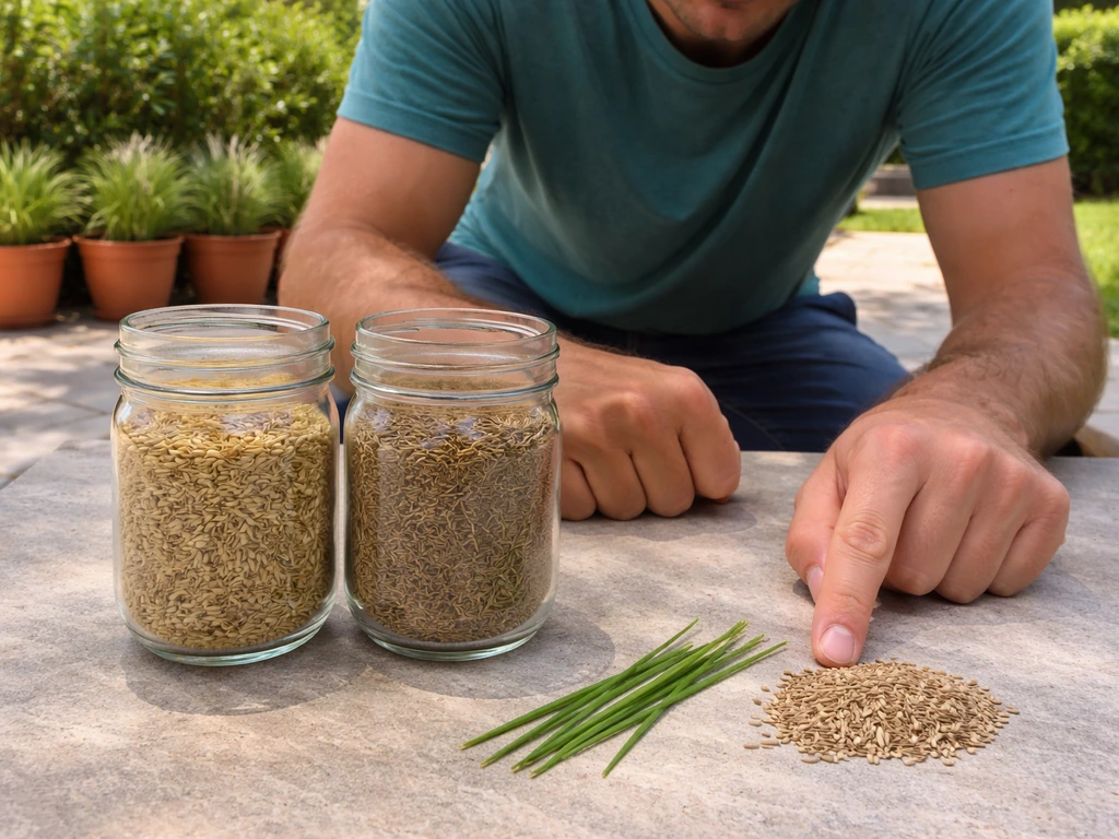 Florida homeowner comparing warm- and cool-season grass seed jars with grass blades on a patio table.