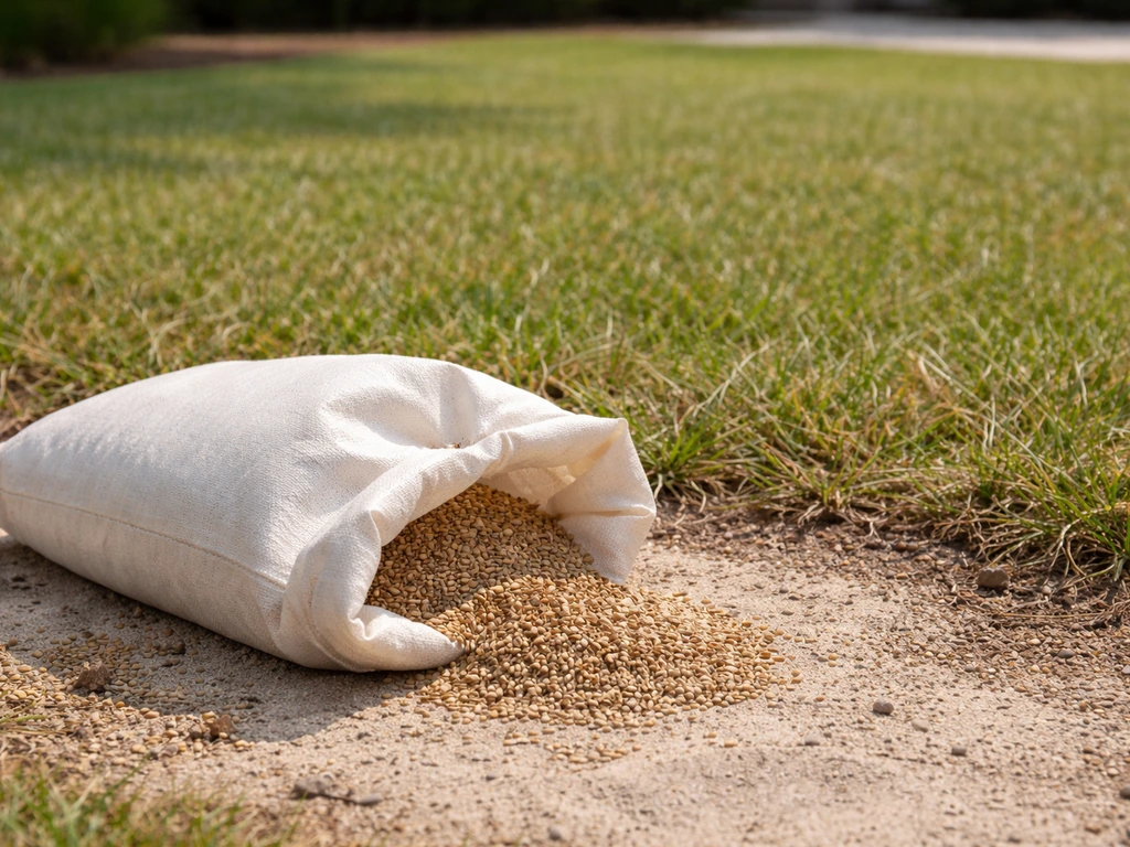 Florida backyard lawn with bahiagrass clumps and a seed bag beside established turf