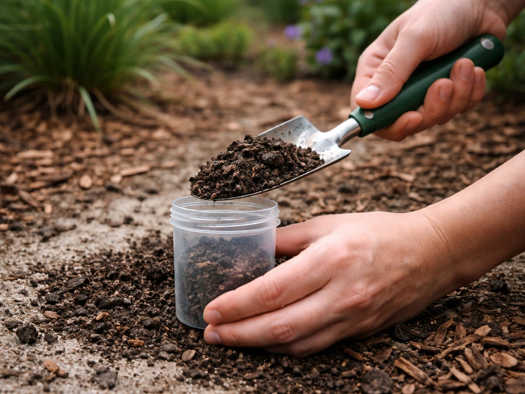 Hand taking a soil sample from top layer in a Florida garden, holding a small container near a trowel