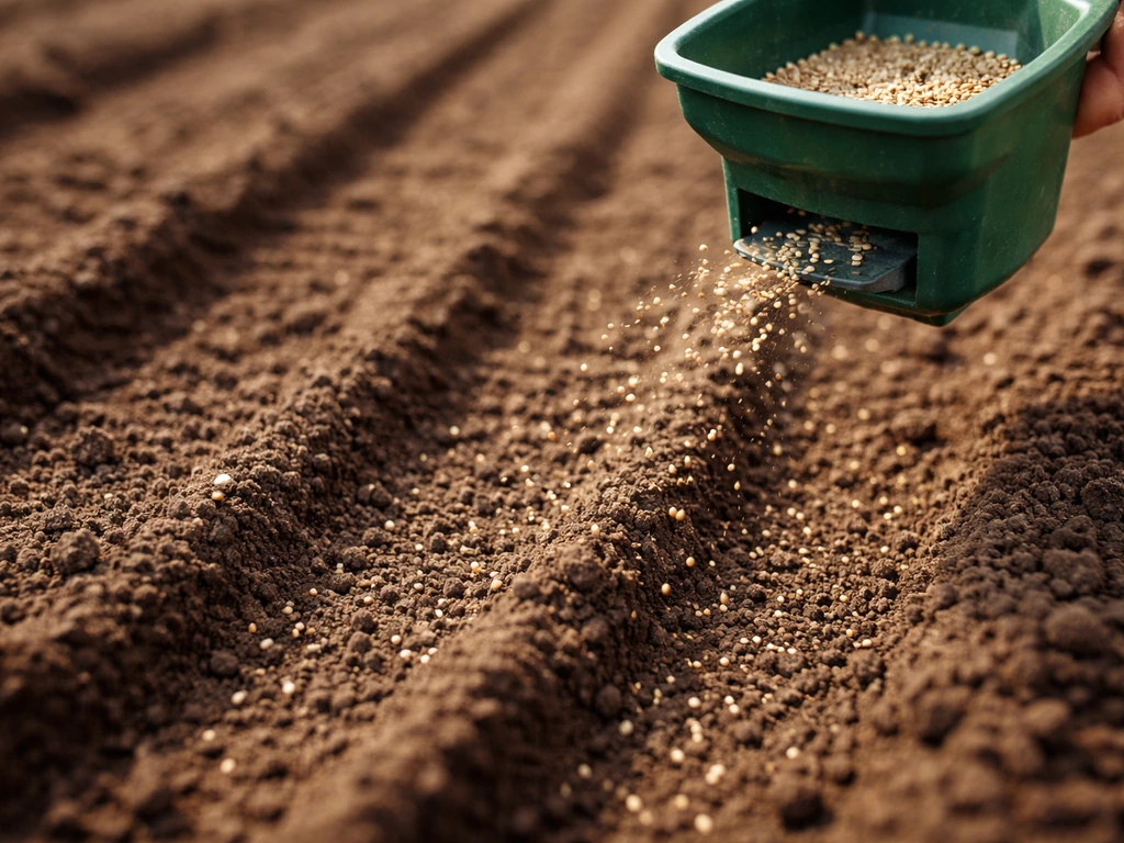 Broadcast spreader releasing seeds onto raked furrows on a loosened soil bed.
