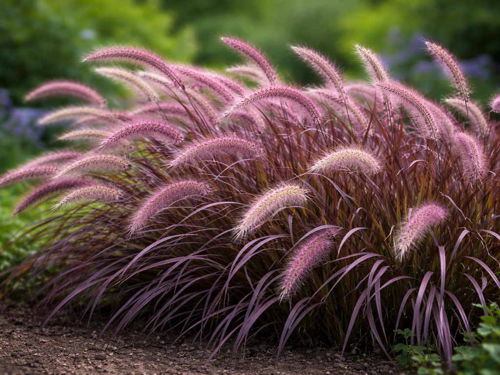 Lush mature purple fountain grass with vivid purple plumes swaying in natural light