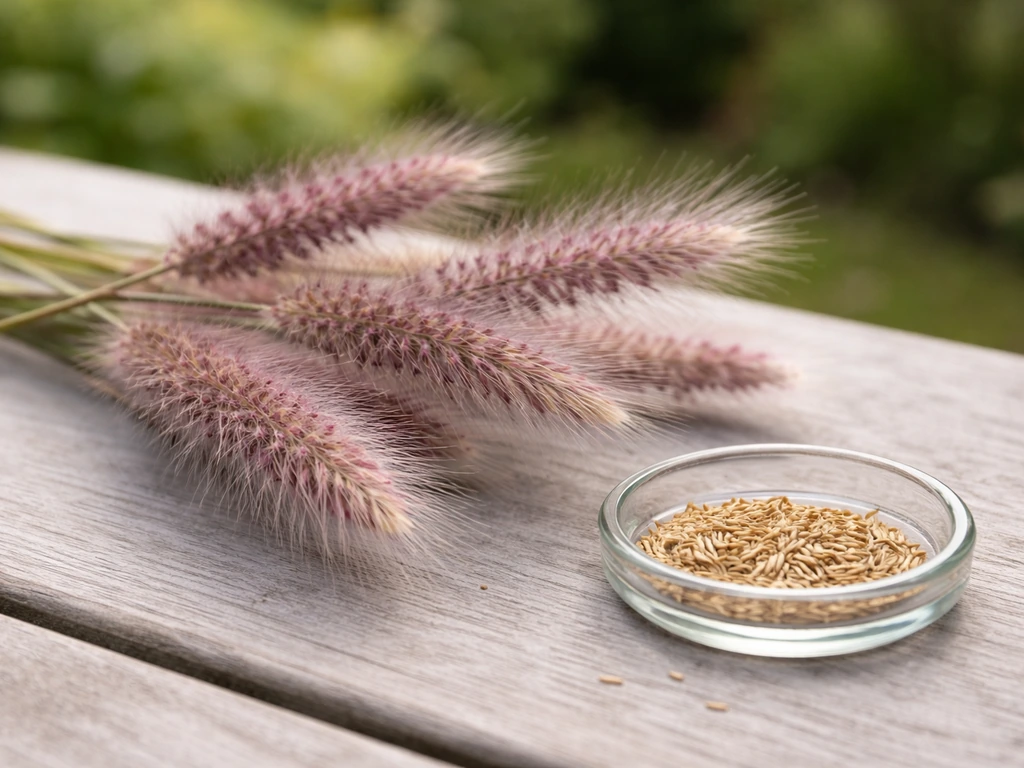 Purple fountain grass seed heads with a small dish of seeds on a simple outdoor table.