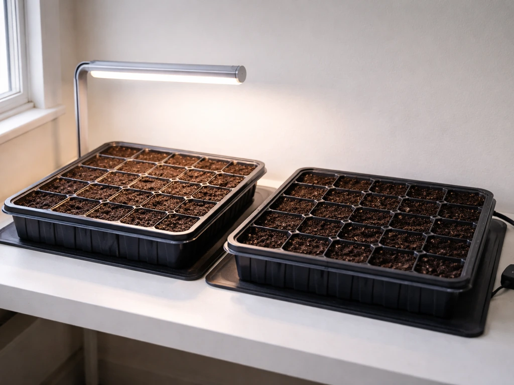 Indoor seed-starting setup with trays under grow light and a heating mat for germinating seeds.