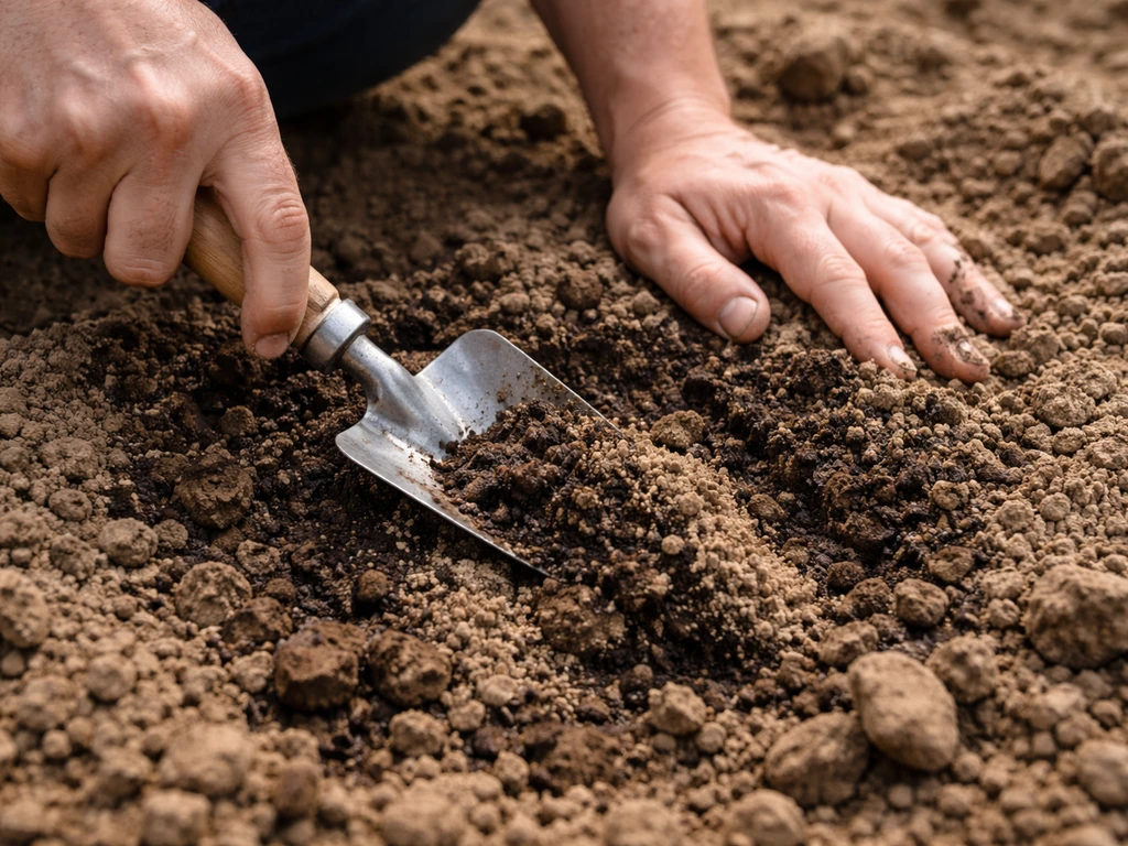 Gardener using a hand trowel to mix coarse sand and compost into a clay-like soil bed