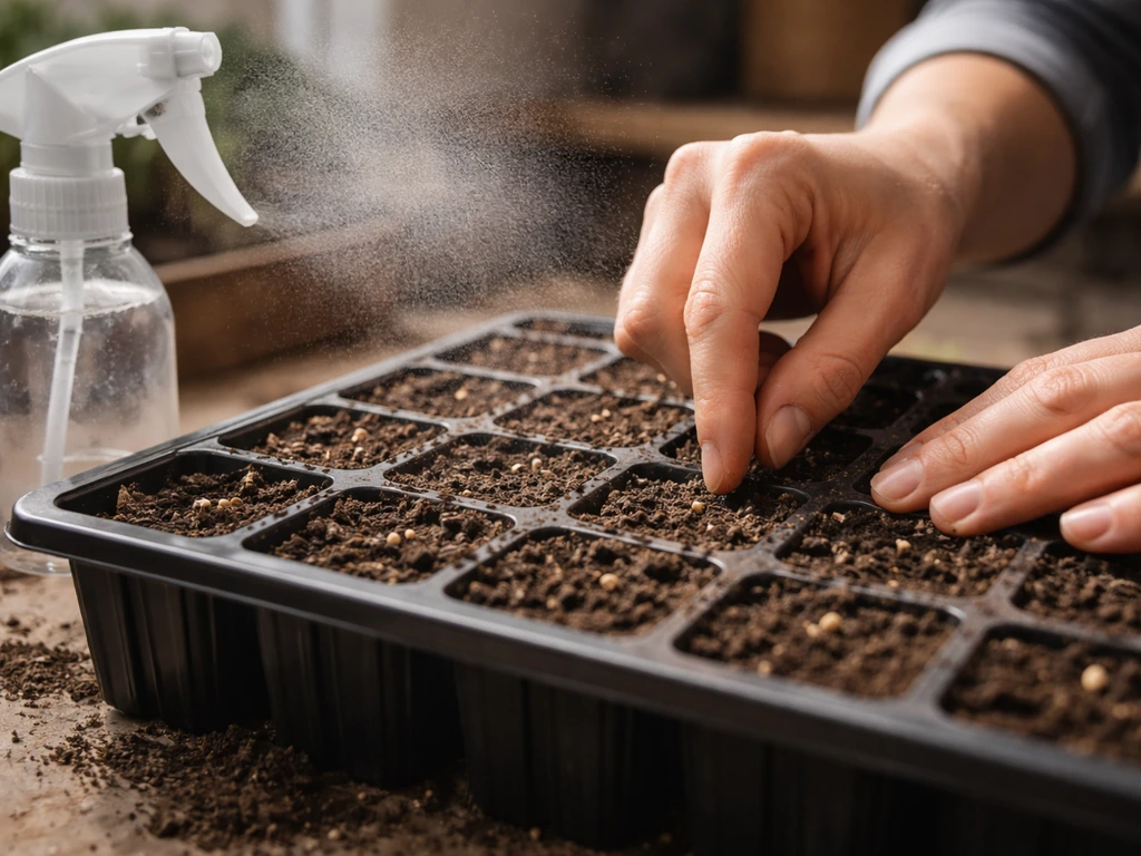 Close-up of a hand sowing seeds into moist seed-starting cells with lightly misted soil
