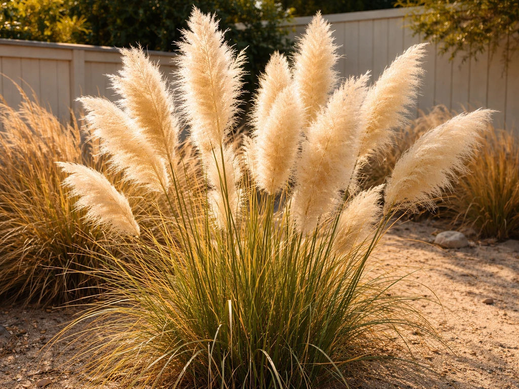 Cream pampas grass plumes thriving in a warm-climate yard with sandy soil and soft background fence.