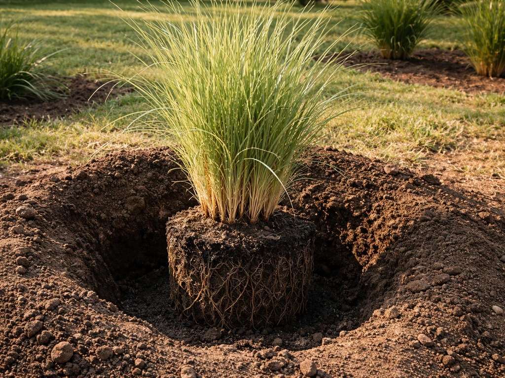Nursery-grown pampas grass transplant set into a prepared hole with spaced planting and soil mound visible.