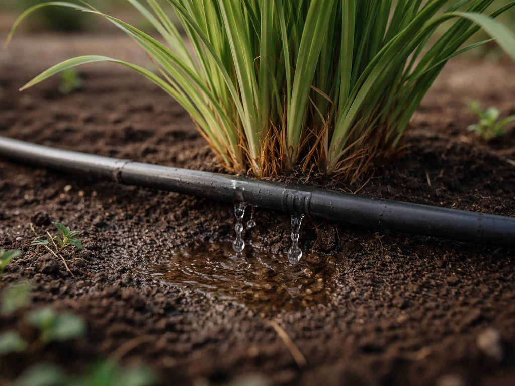 Young pampas grass at base with gentle drip irrigation keeping the soil moist but not soggy.