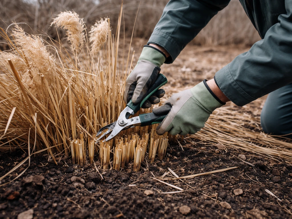 Gloved gardener cutting back old pampas grass plumes in late winter before spring growth.
