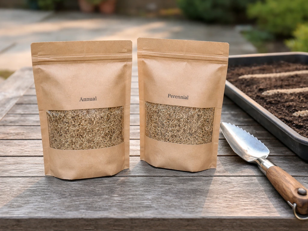Two ryegrass seed bags side-by-side on a garden table with soil and a trowel nearby.