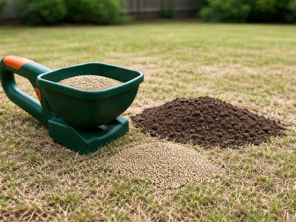 Scalped existing lawn with bare soil and broadcast-ready grass seed by a lawn overseeding setup