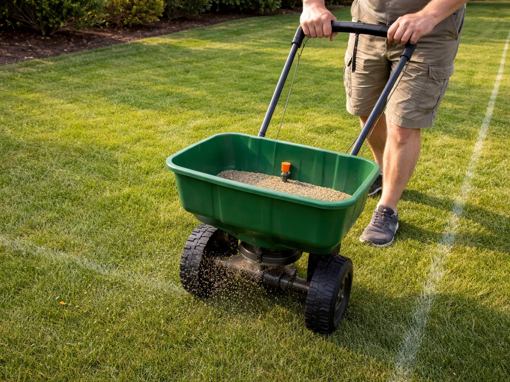 Hands operating a broadcast spreader to apply ryegrass seed granules on a measured lawn area.