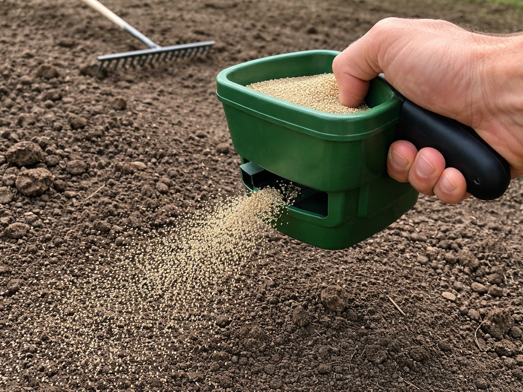 Gardener releases fine bermuda seed onto loosened soil with a small spreader for even contact.