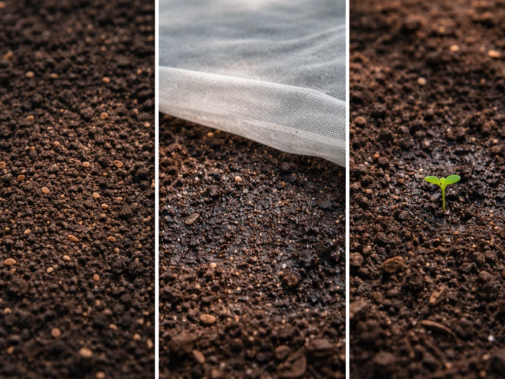 Close-up progression of seeded soil: freshly sown, lightly moist under cover, and a tiny sprout emerging.