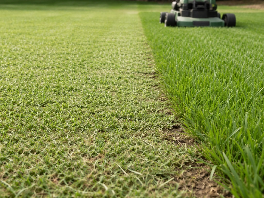 Lawnmower trims newly germinated bermuda grass shorter, with taller pre-mow blades visible at the edge.