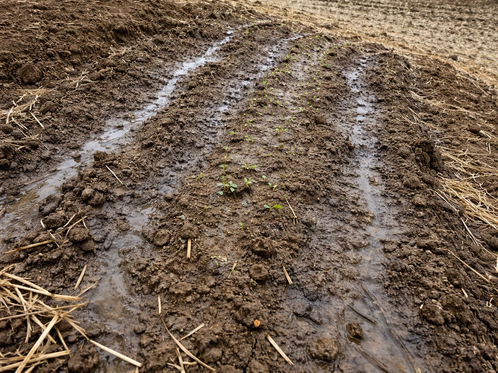 Sloped seedbed with water wash tracks and a crusted soil surface after heavy watering.