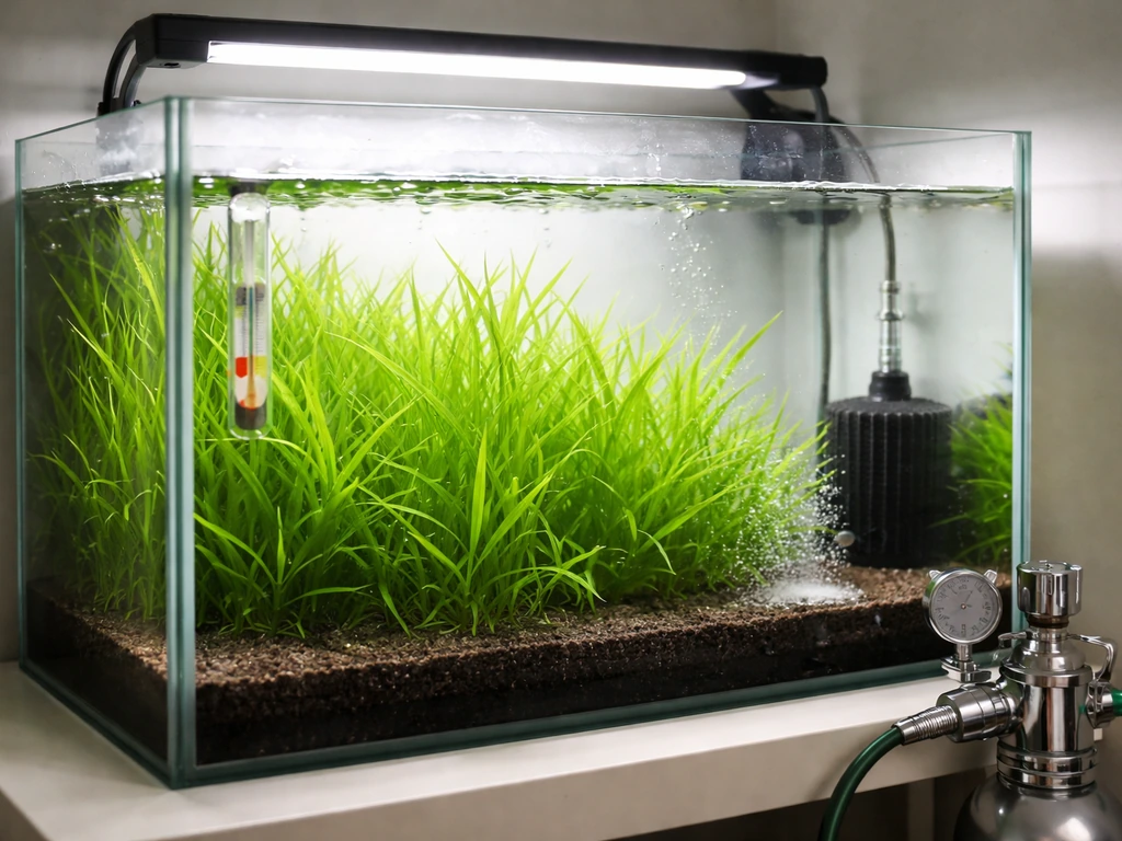 Minimal planted guppy grass aquarium with LED light, thermometer, gentle filter flow, and CO₂ setup visible.