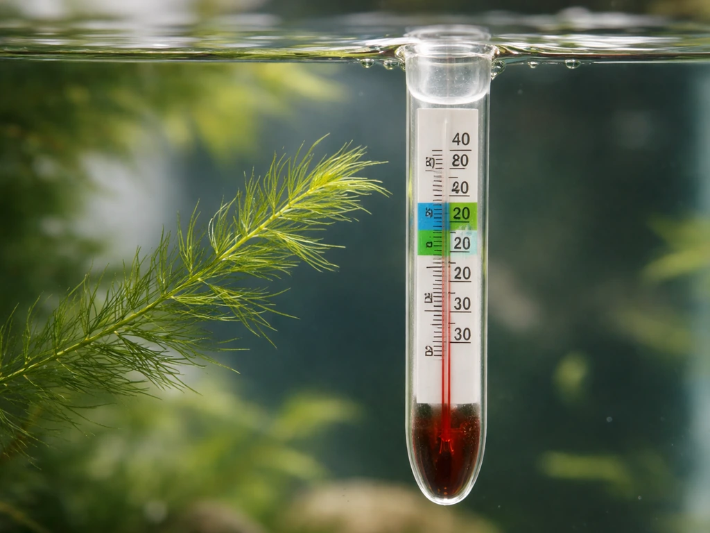 Thermometer in an aquarium water tank showing about 24°C with guppy grass nearby