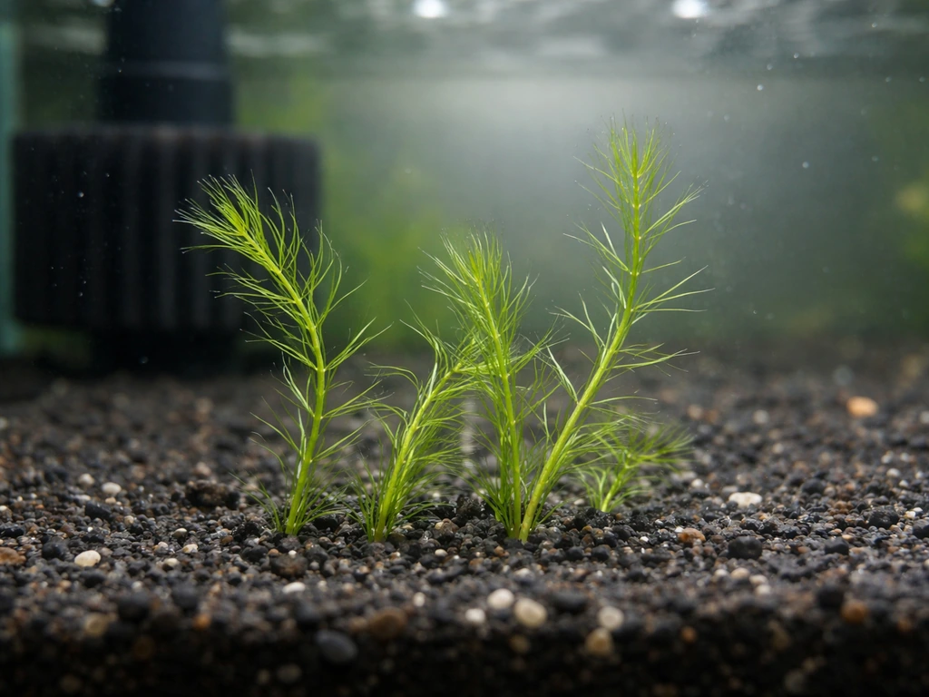 Close-up of guppy grass stems gently anchored in aquarium substrate with gentle water flow.