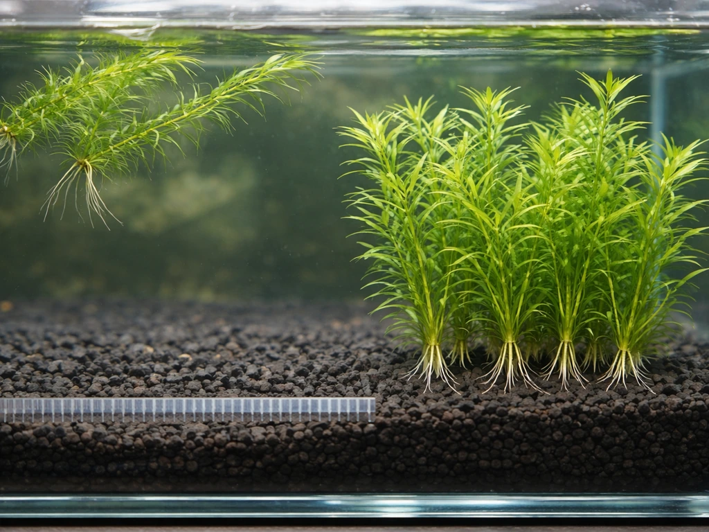 Aquarium close-up comparing guppy grass stems anchored deep vs floating loose, with a depth ruler on the substrate.