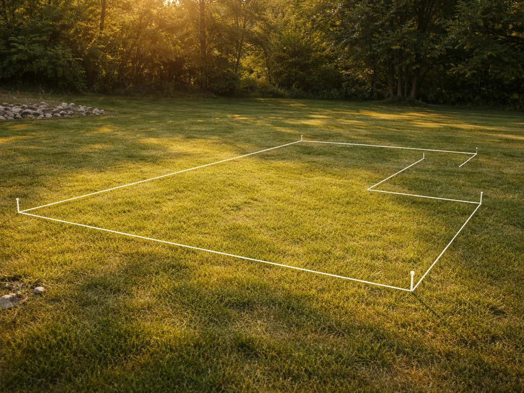 Backyard site walk-through with stakes and string marking a flat area for a putting green in sunny light