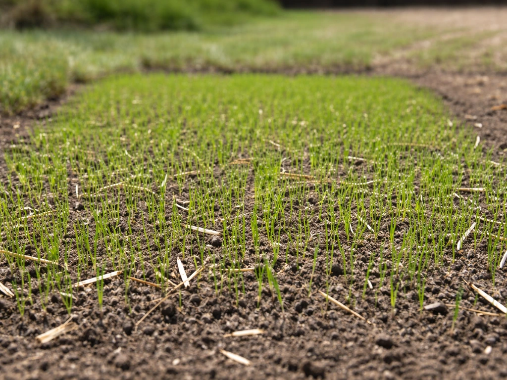 Close-up of a small seeded turf plot with young, evenly sprouting perennial ryegrass seedlings.