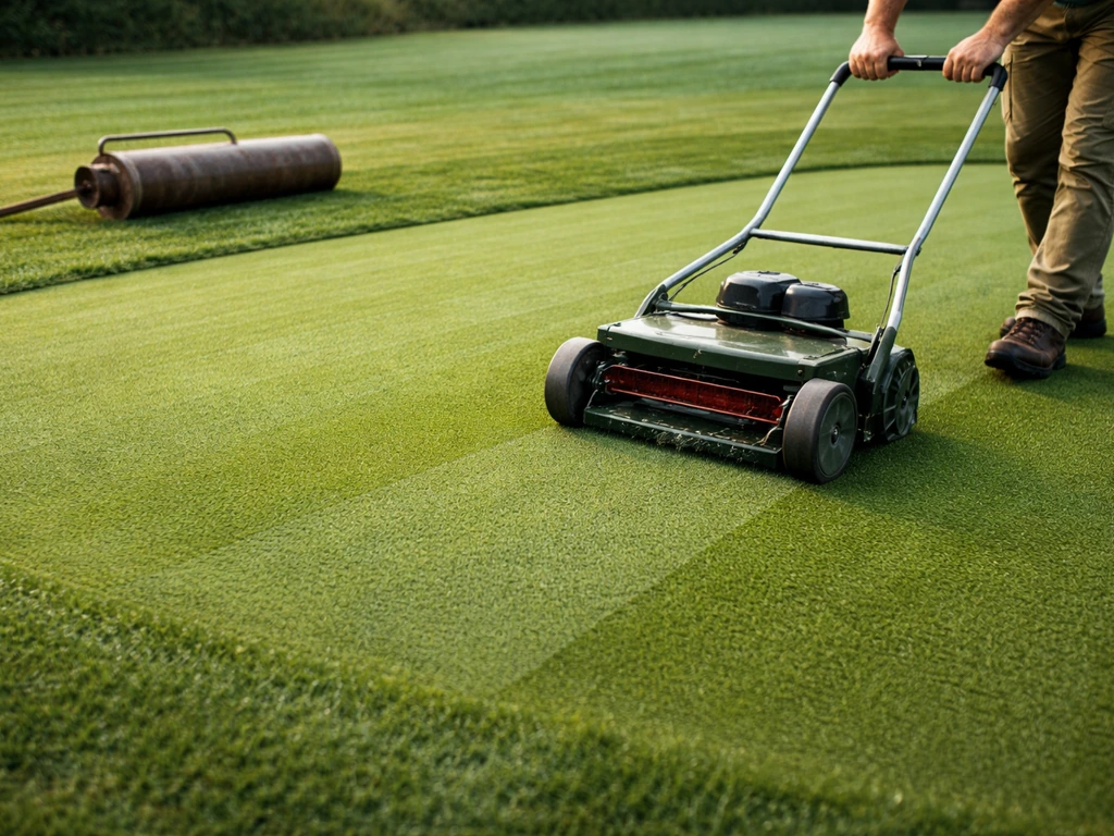 Golfer’s putting green: first careful mow with subtle stripes and a roller resting nearby.