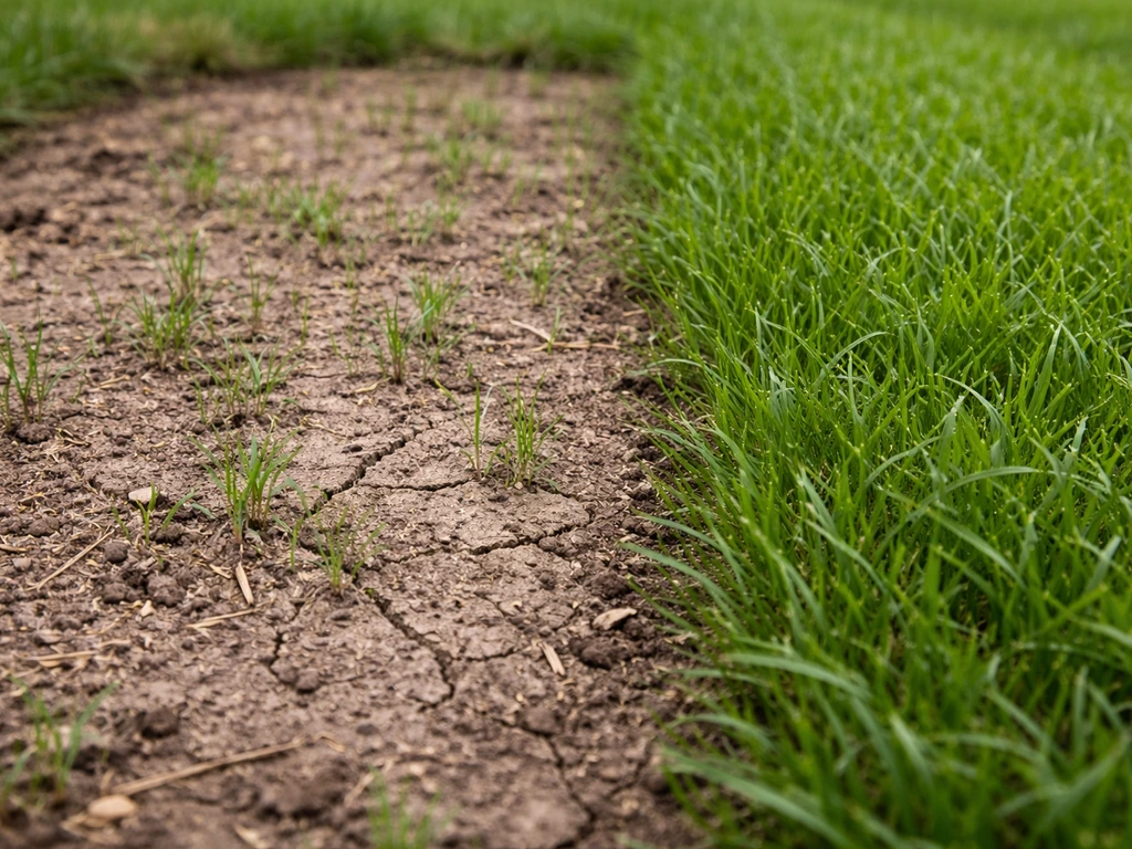 Close-up of patchy grass germination beside thicker healthy turf with visible bare soil.