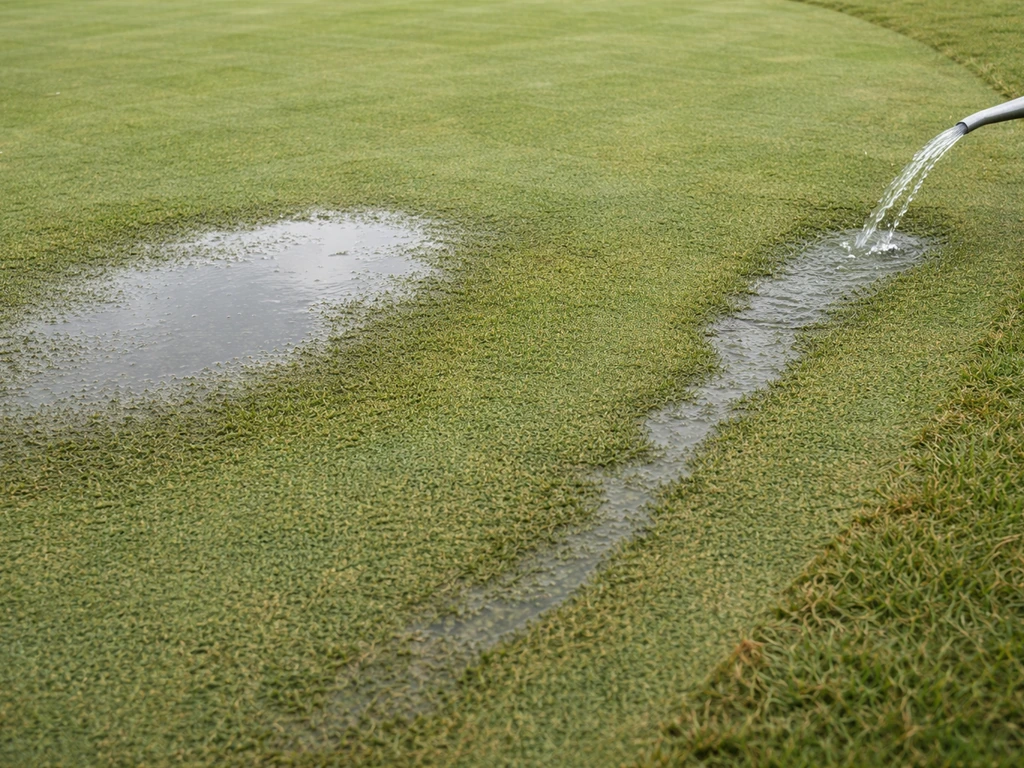 Putting green with a soggy, puddled patch and uneven water flow suggesting poor drainage.
