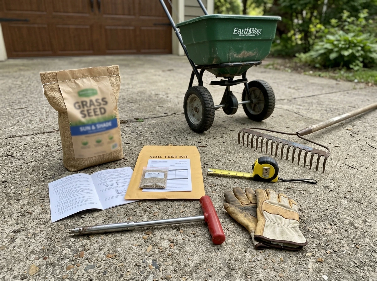 Checklist supplies for growing grass: seed, soil test kit, rake, spreader, gloves.