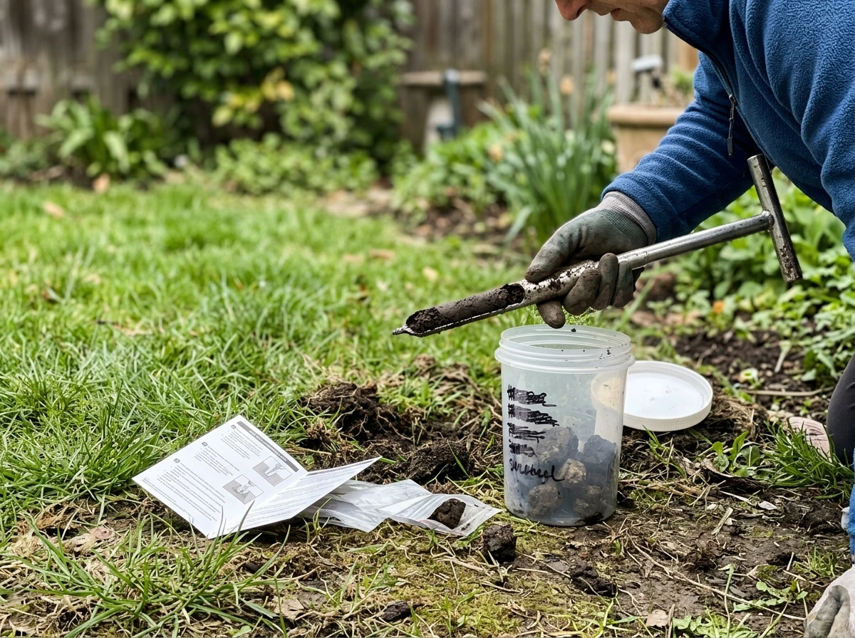 Soil test sample collection from the lawn for a cooperative extension kit.