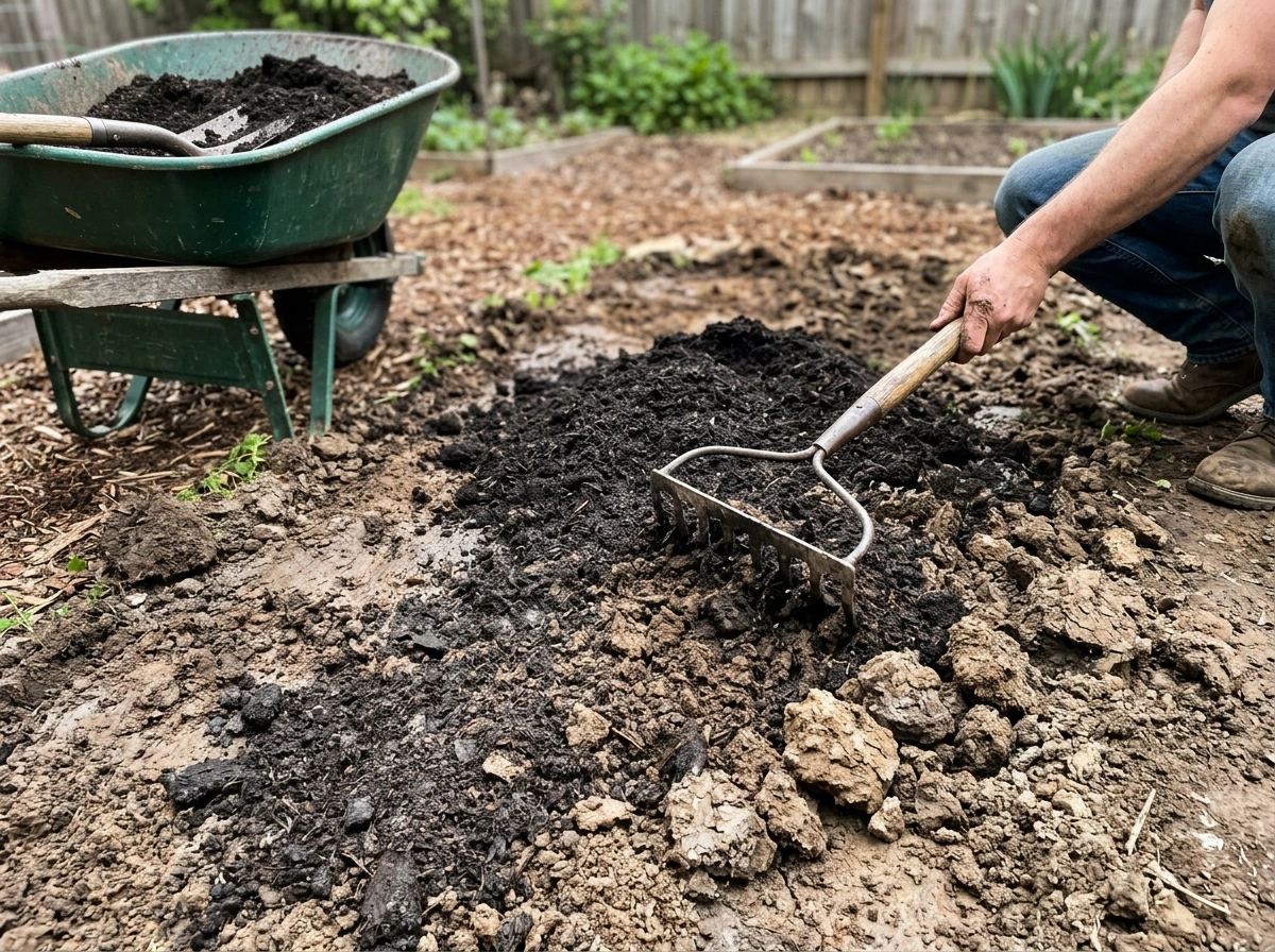 Compost being worked into soil to fix clay or sandy lawn areas before seeding.