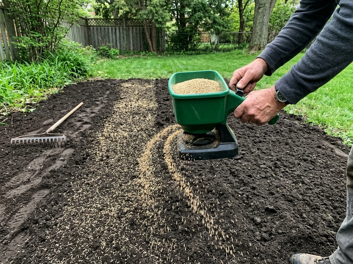 Broadcasting grass seed across prepared ground with a spreader at the right depth coverage.