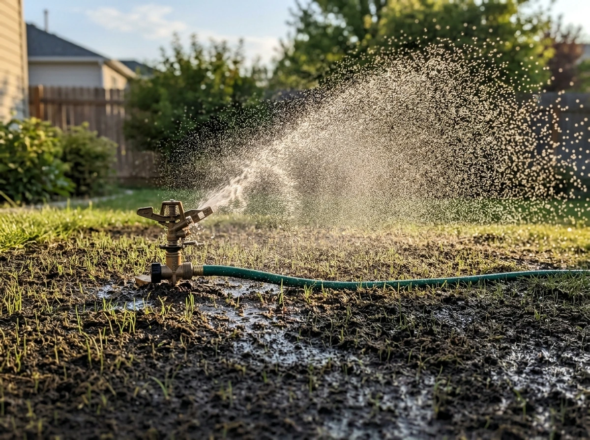 Sprinklers misting a newly seeded lawn bed to keep the top layer consistently moist.