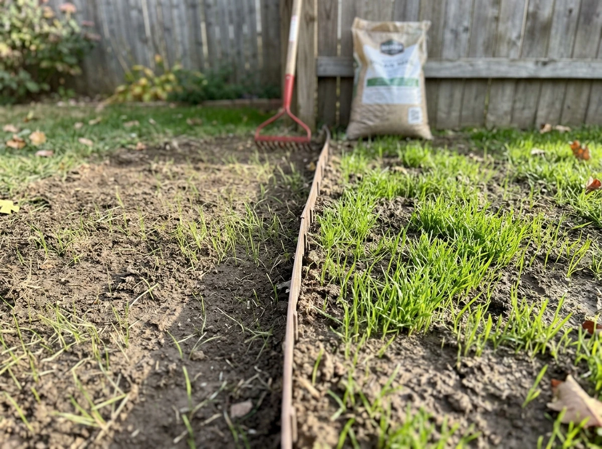 Lawn repair: comparing a poor germination area vs. improved overseeded patch.