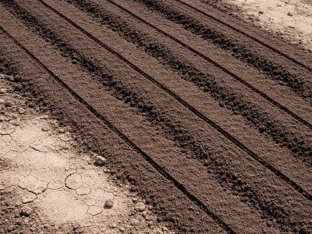 Top-down view of bare sandy patches contrasting with darker seeded rows in a garden bed