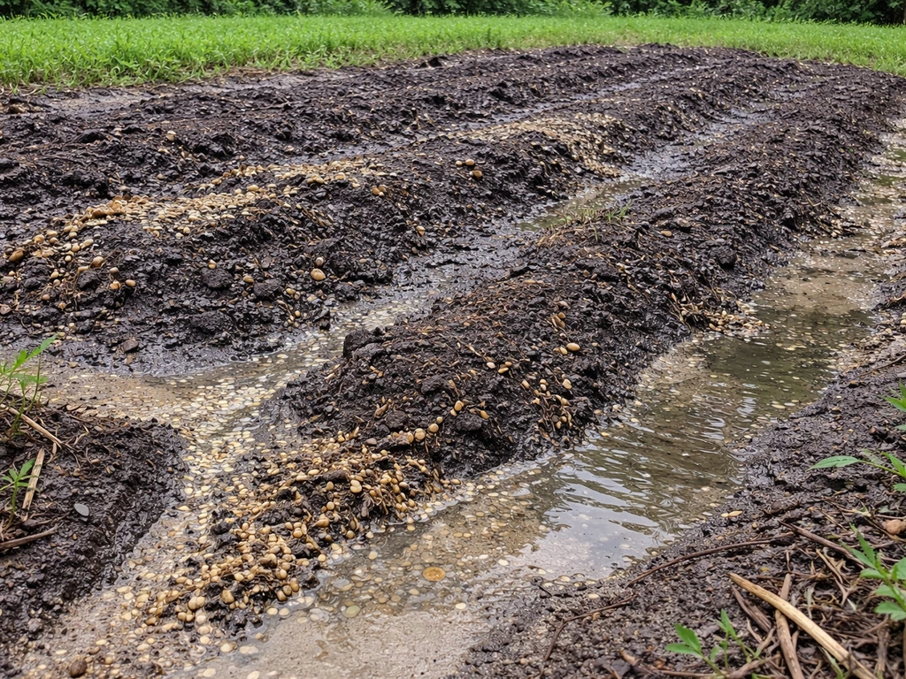 Wet muddy seedbed with runoff lines and small seed/soil piles collected in low spots after rain