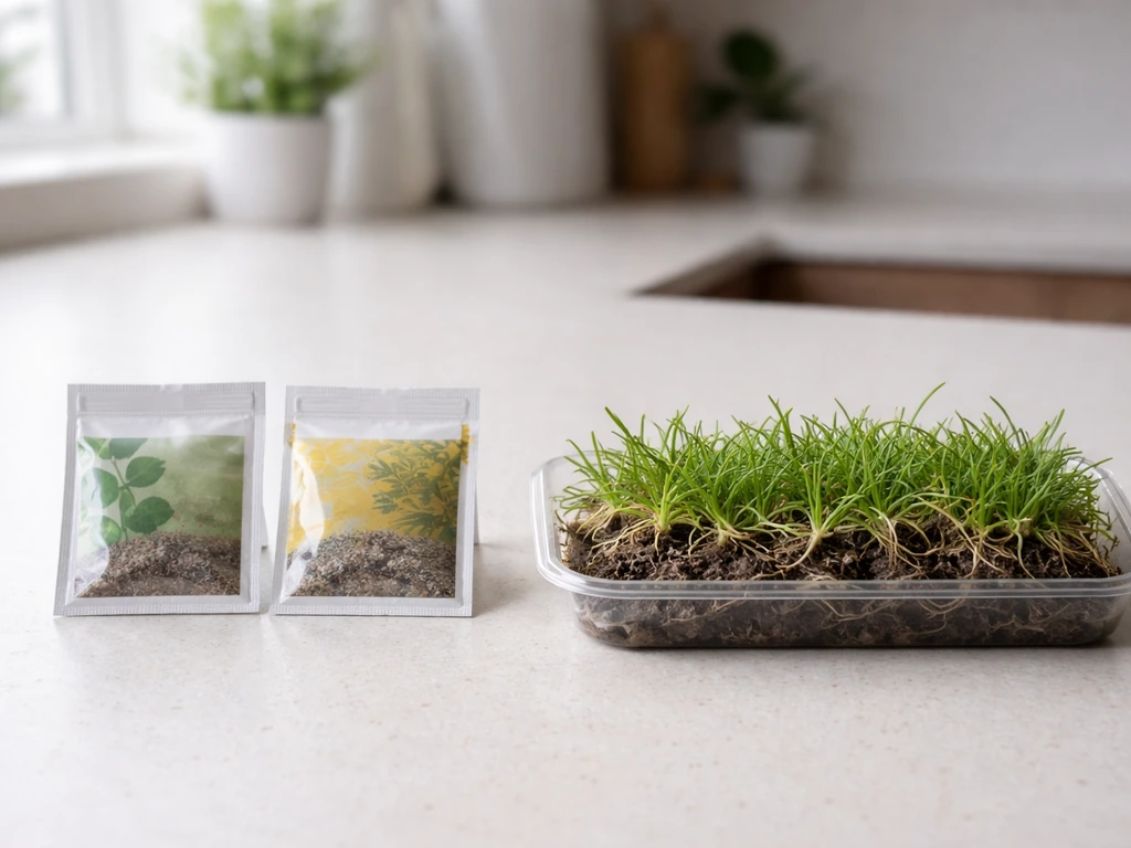 Durva grass seed packets beside a tray of live grass clumps/stolons on a kitchen counter.