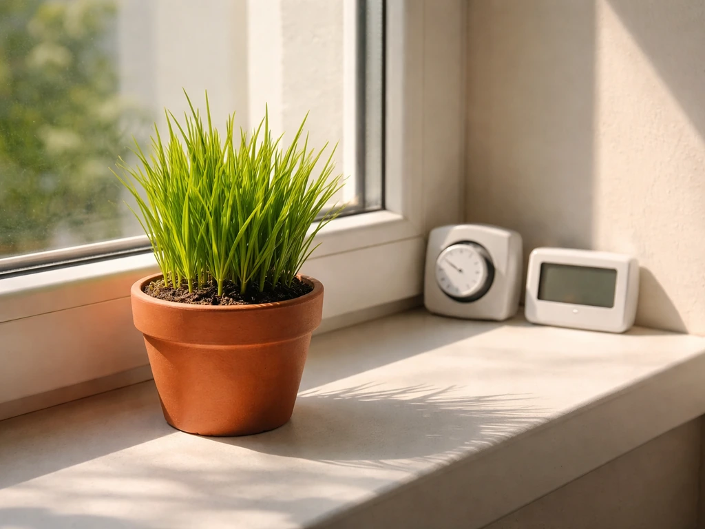 Durva grass in a small pot on a sunlit windowsill with a nearby timer and thermometer.