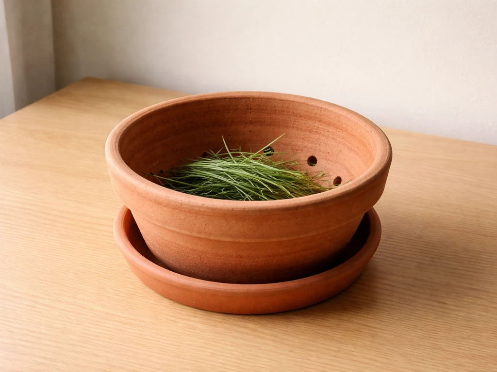 Wide shallow terracotta pot with visible drainage holes and saucer beneath, durva grass neatly inside.