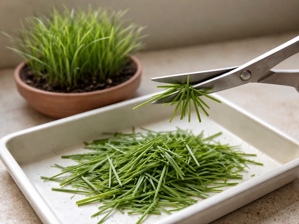 Clean scissors snipping fresh green durva-style cuttings beside a small 3–4 inch healthy planting