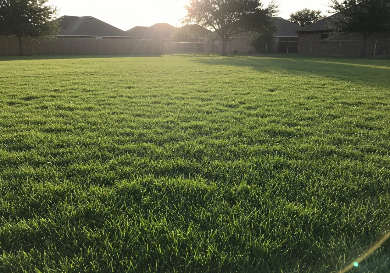 Lush green Bermuda grass lawn in bright Texas sunlight, showing a healthy finished yard.
