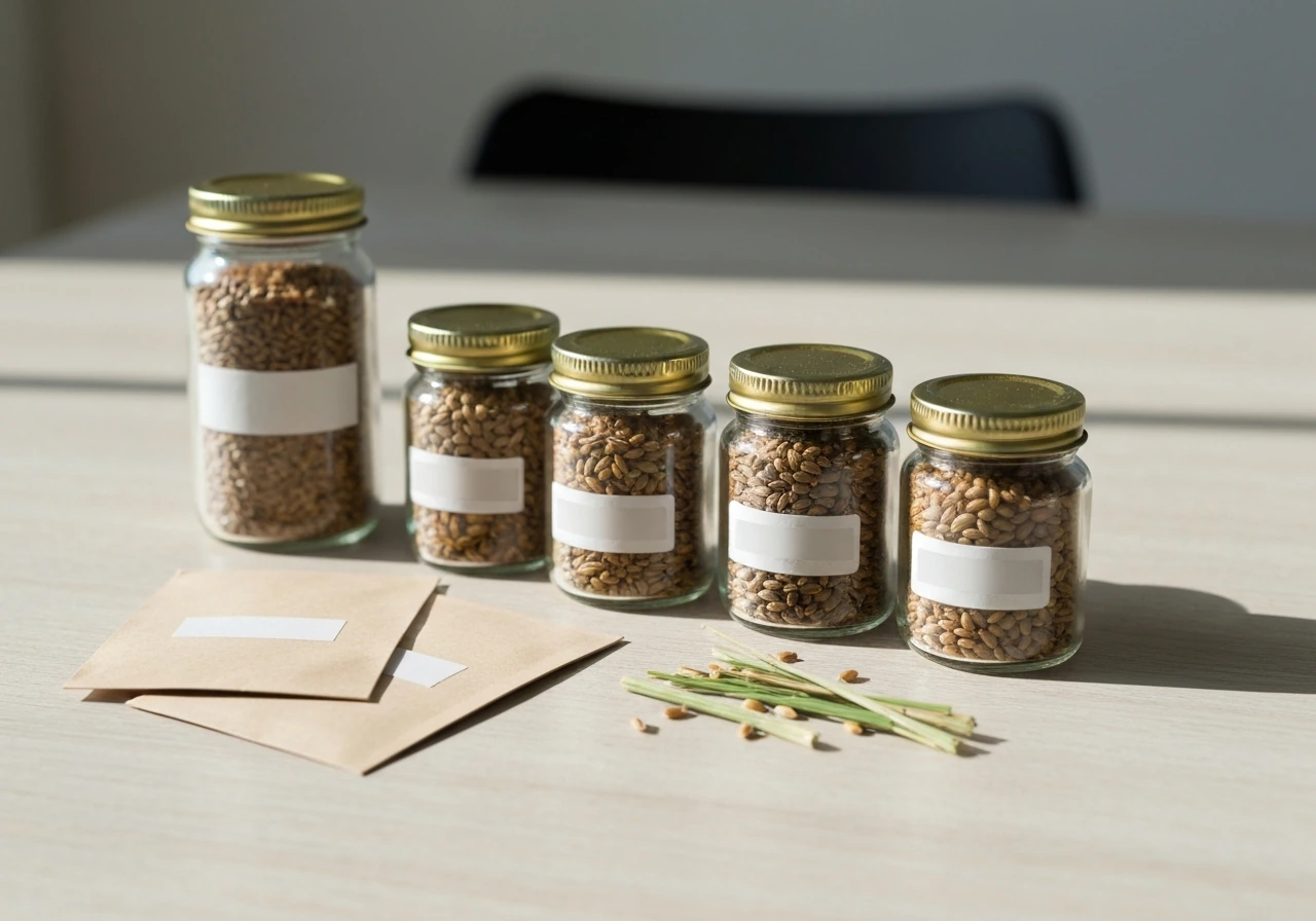 Close-up of seeded bermuda seeds in jars and seed packets on a wooden table