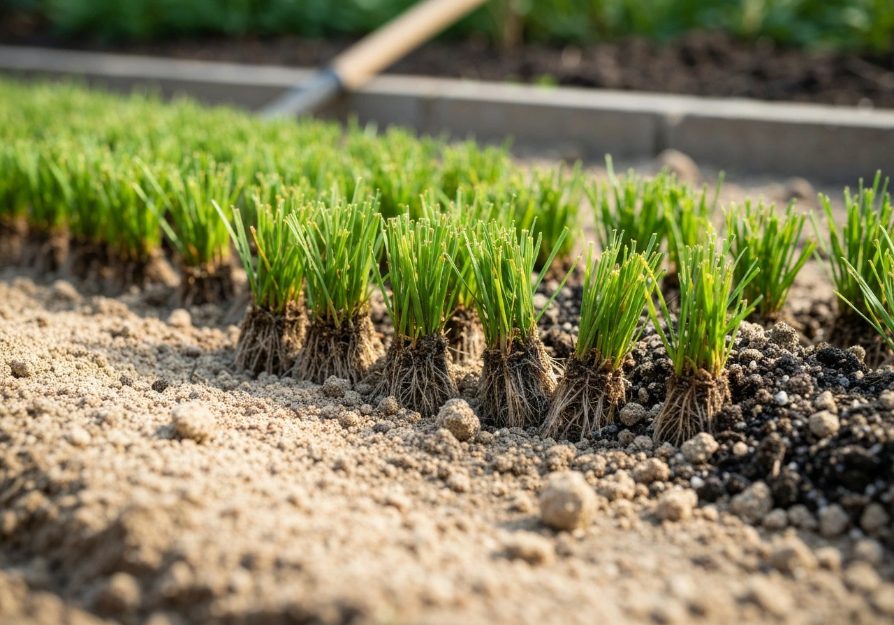 Fresh hybrid bermuda sprigs plugged into prepared soil with visible rooting in morning light.