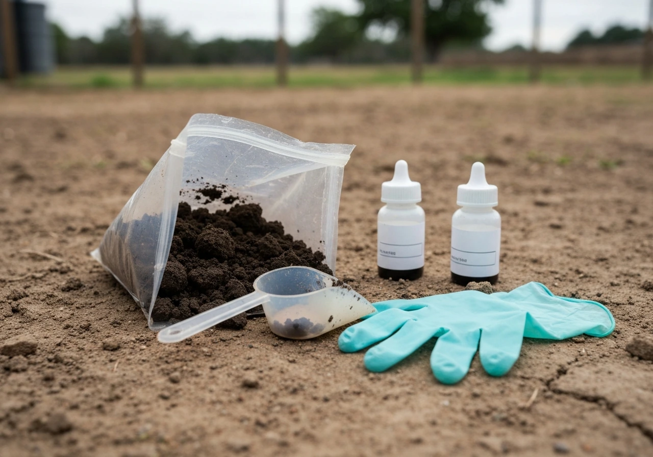 Close-up of a soil test sampling setup with clay soil in a container, gloves, and sample supplies.