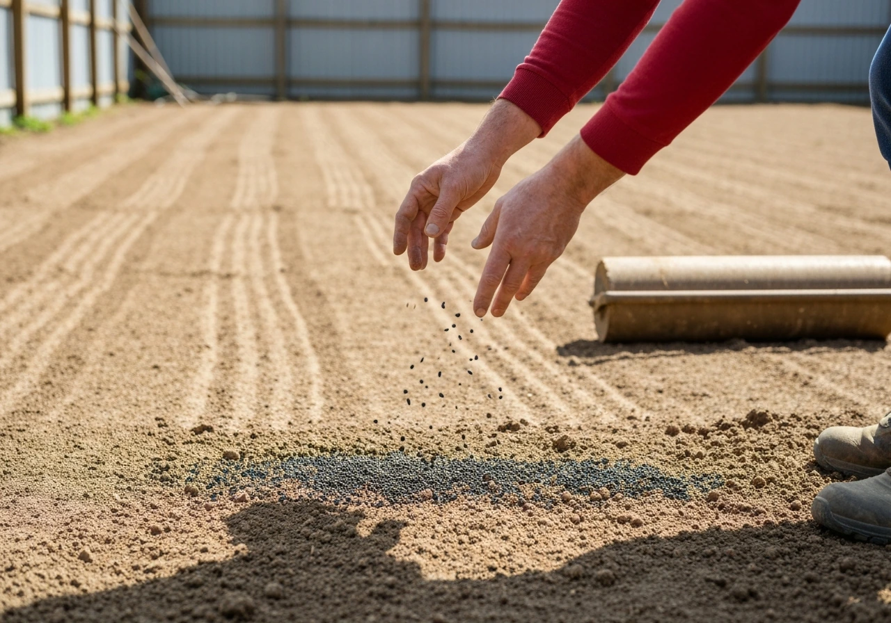 Anonymous hands scattering grass seed onto prepared soil with light raking for seed-to-soil contact.