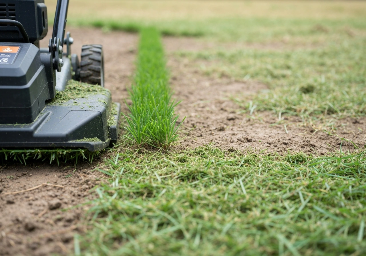 Bermuda grass seedlings being mowed low in a small yard patch, showing before/after short height.