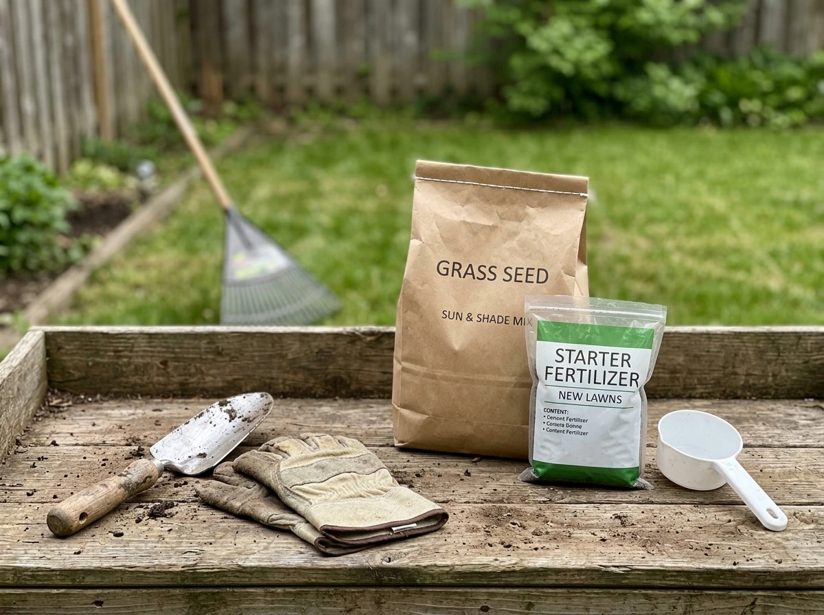 Grass seed bag and starter fertilizer ready for seeding